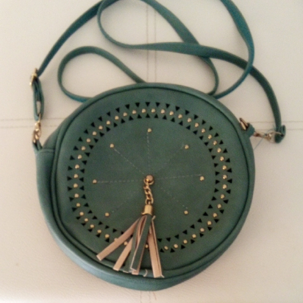 Teal Green Circle Crossbody Bag studs and fringe ion front